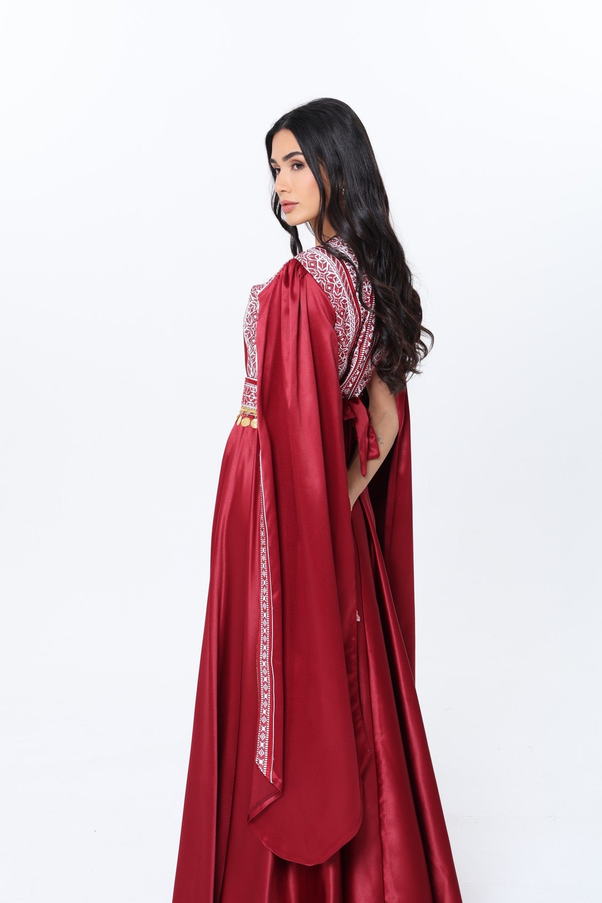 Karmel Burgundy & White Open Sleeve Dress
