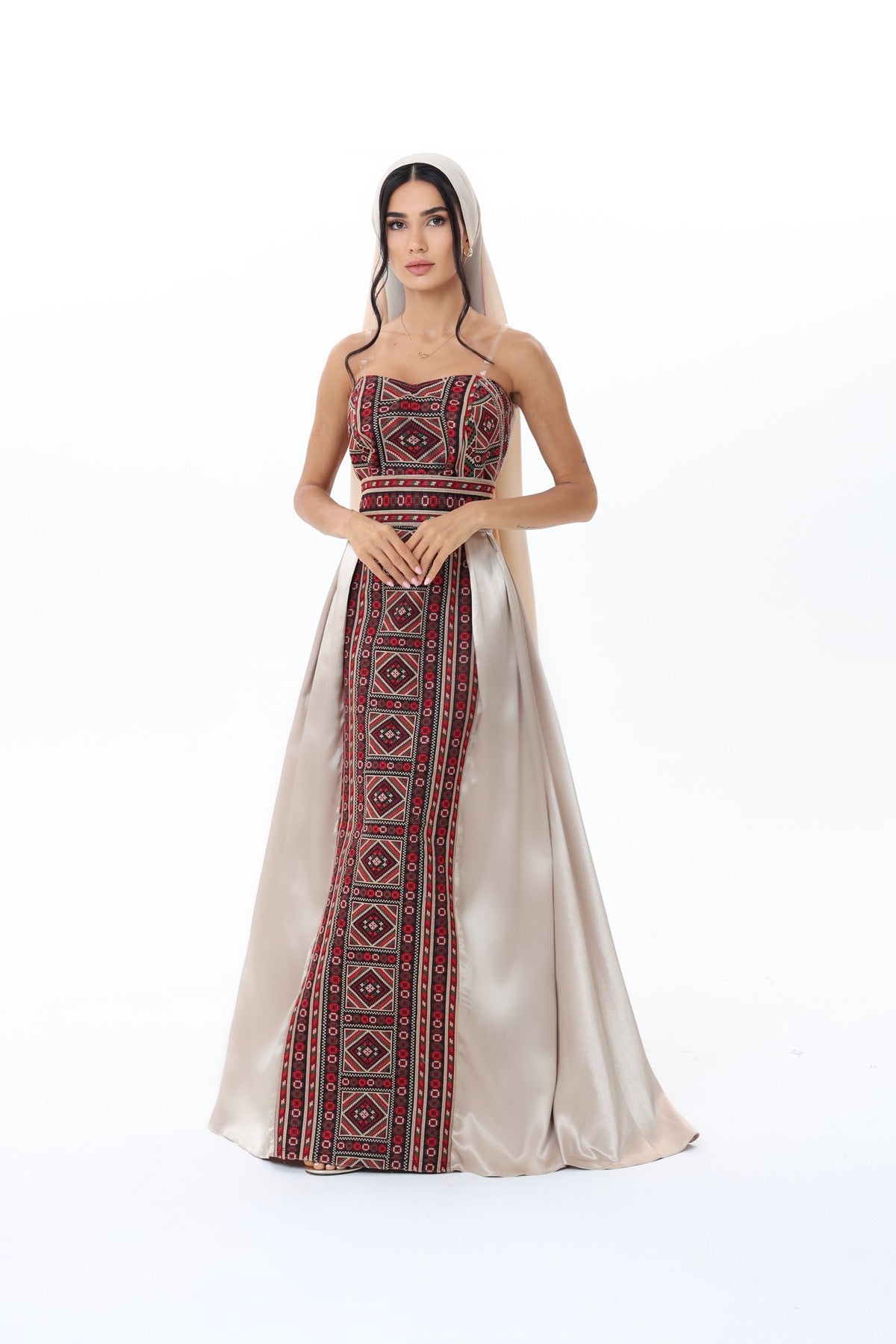 Durra Beige & Burgundy Strapless Dress