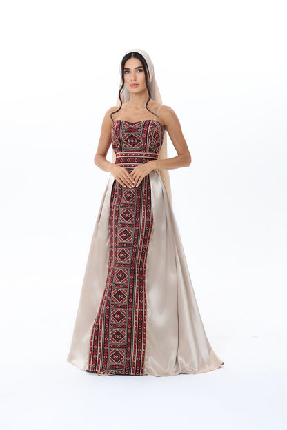 Durra Beige & Burgundy Strapless Dress