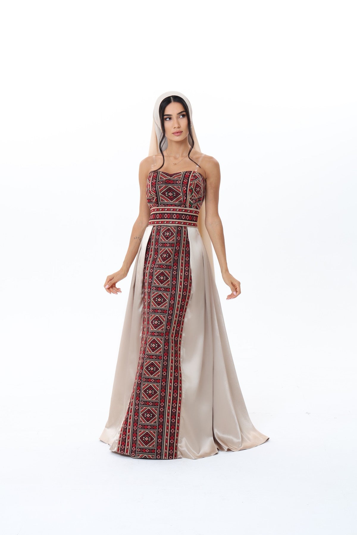 Durra Beige & Burgundy Strapless Dress