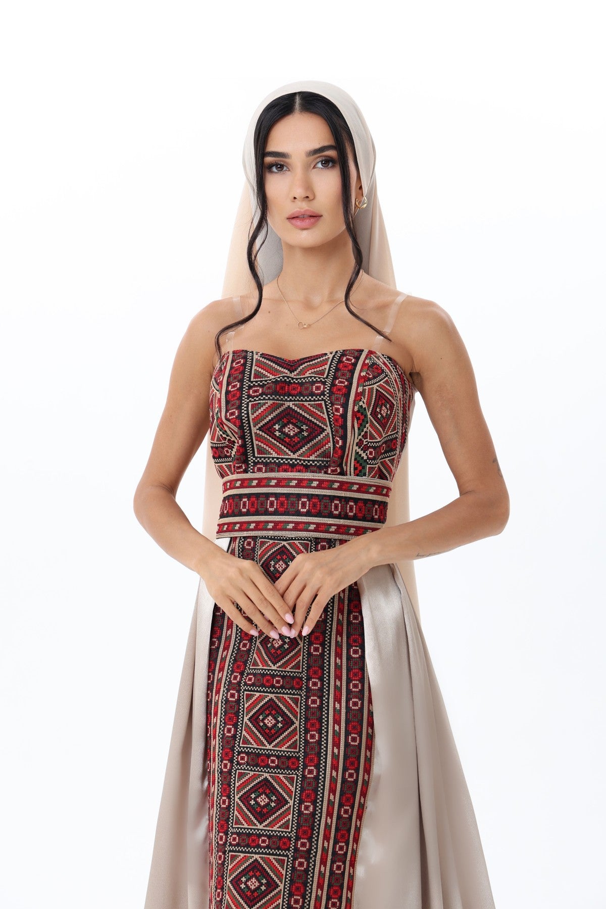 Durra Beige & Burgundy Strapless Dress