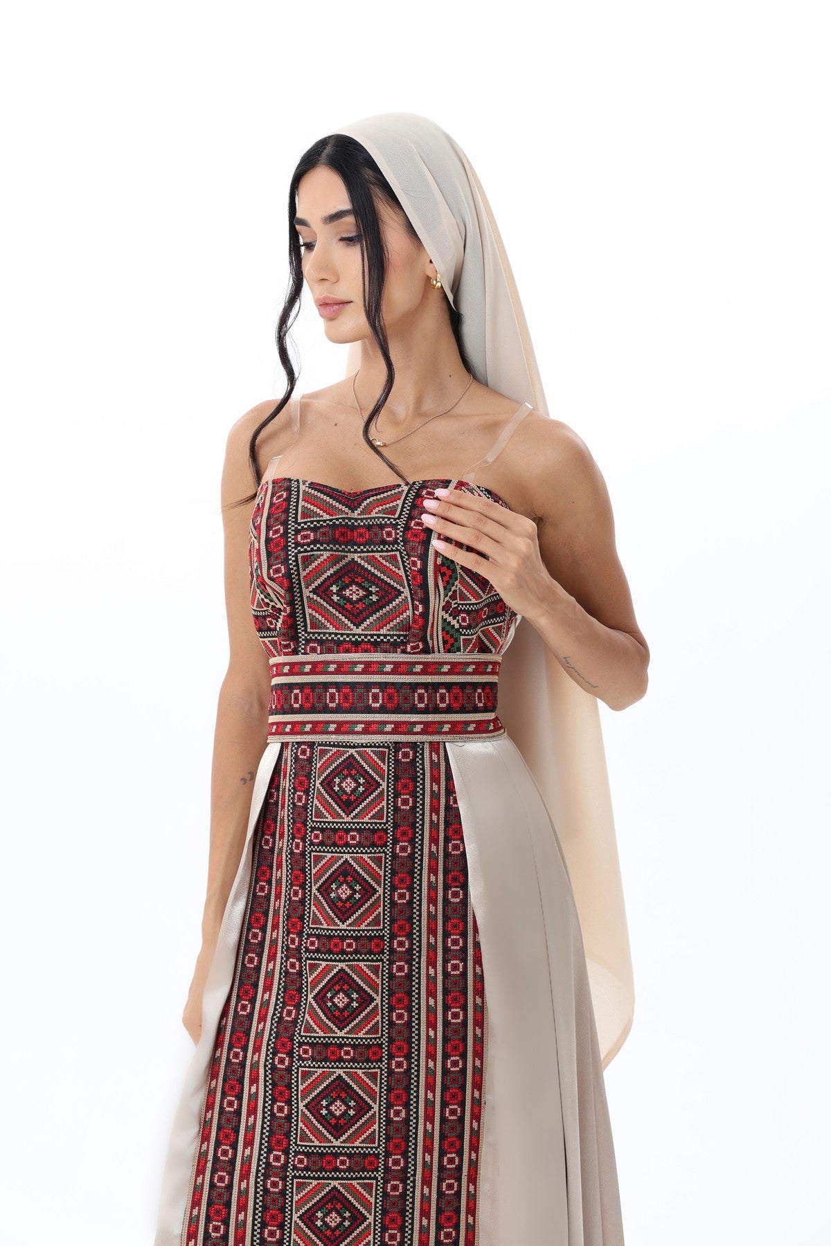 Durra Beige & Burgundy Strapless Dress