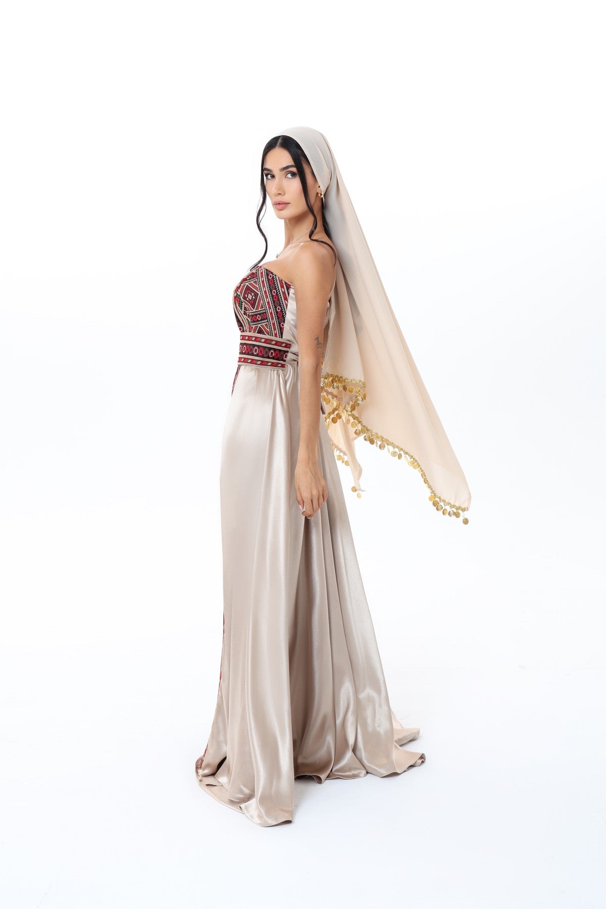 Durra Beige & Burgundy Strapless Dress