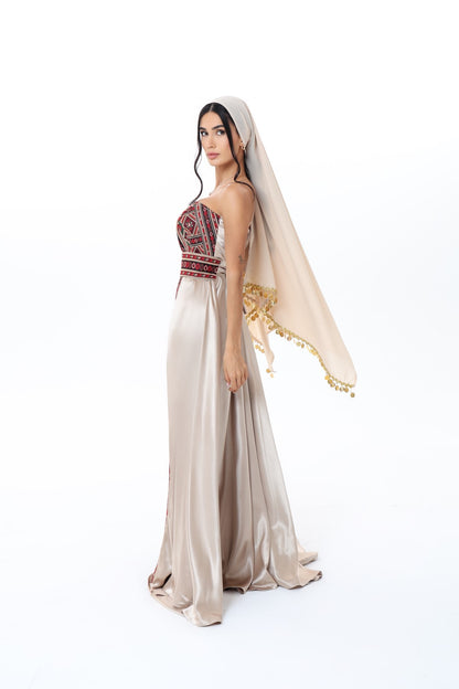 Durra Beige & Burgundy Strapless Dress