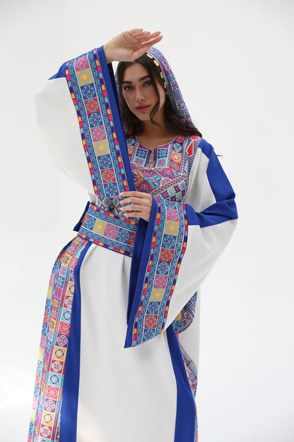 Malak Long Sleeve White & Blue Thobe