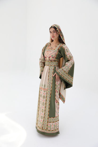 Dahab Long Sleeve Green and Beige Thobe