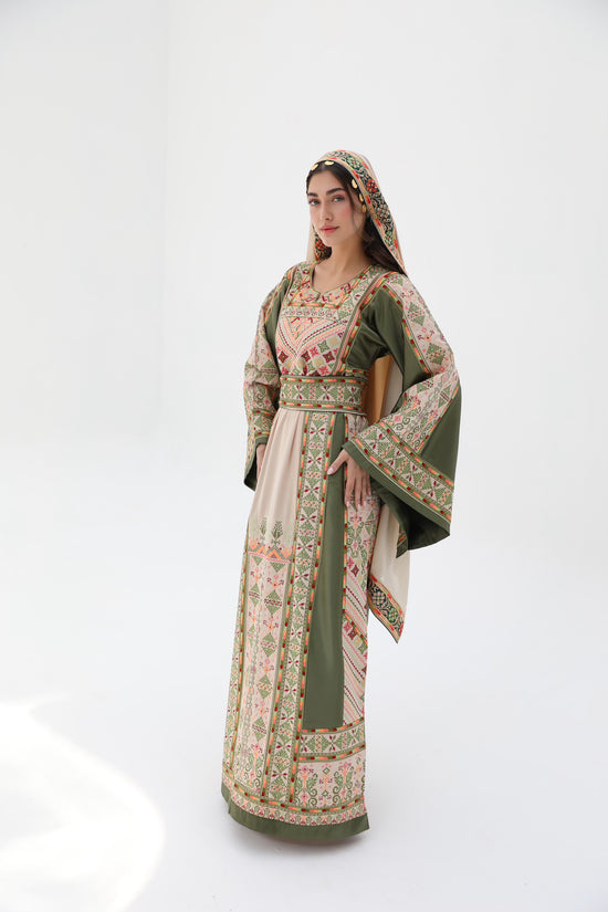 Dahab Long Sleeve Green and Beige Thobe