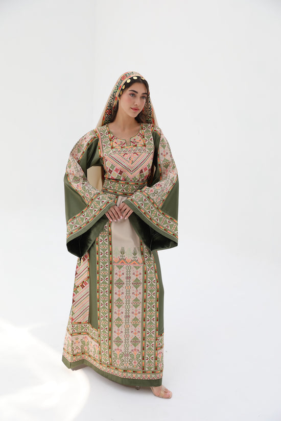 Dahab Long Sleeve Green and Beige Thobe