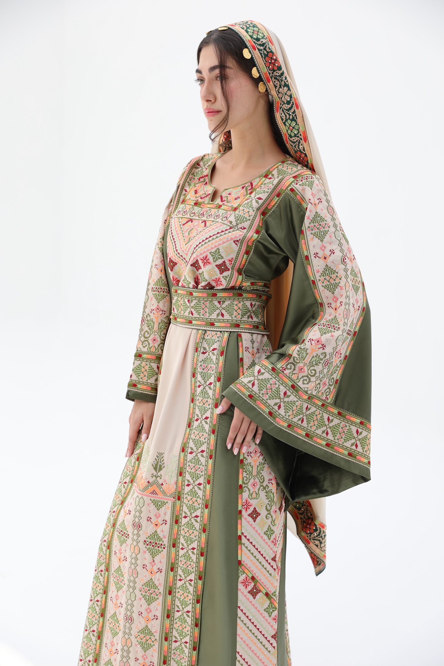 Dahab Long Sleeve Green and Beige Thobe