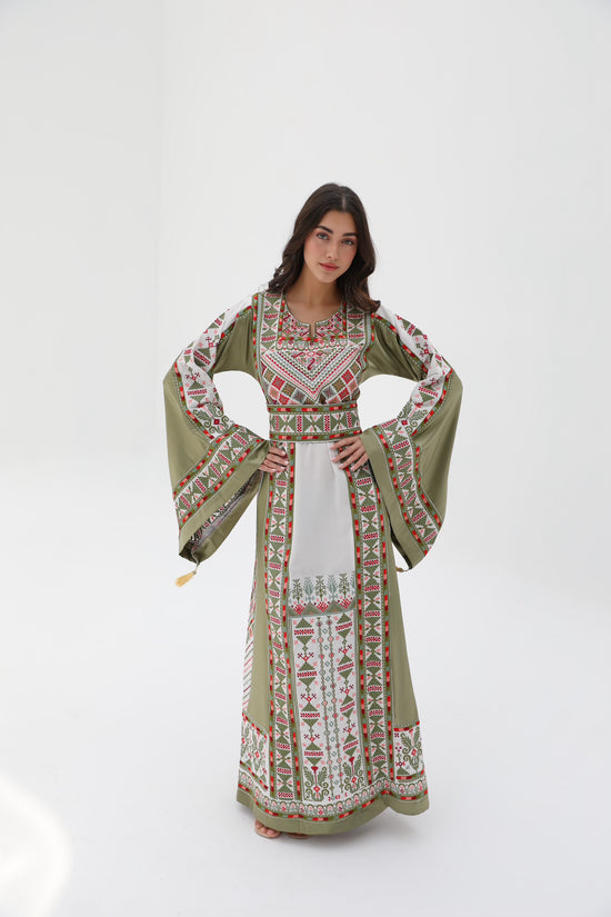 Roaa Long Sleeve Green and Beige Thobe