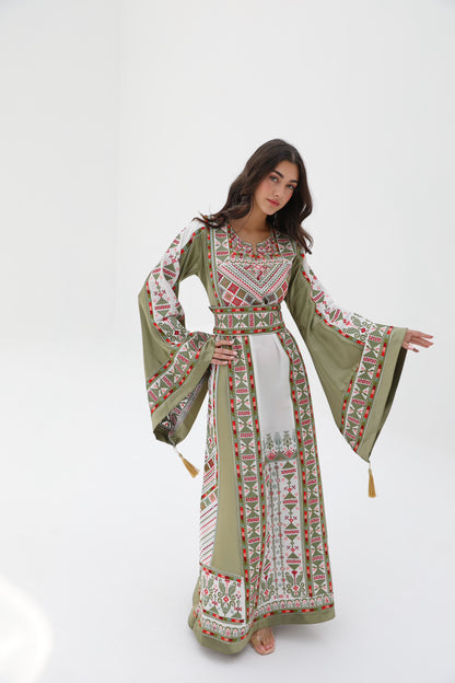 Roaa Long Sleeve Green and Beige Thobe