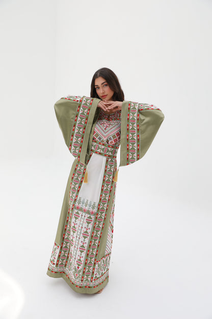 Roaa Long Sleeve Green and Beige Thobe