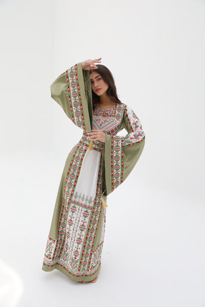 Roaa Long Sleeve Green and Beige Thobe