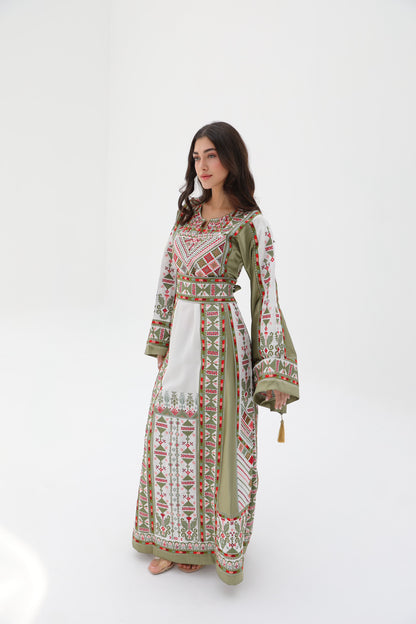 Roaa Long Sleeve Green and Beige Thobe