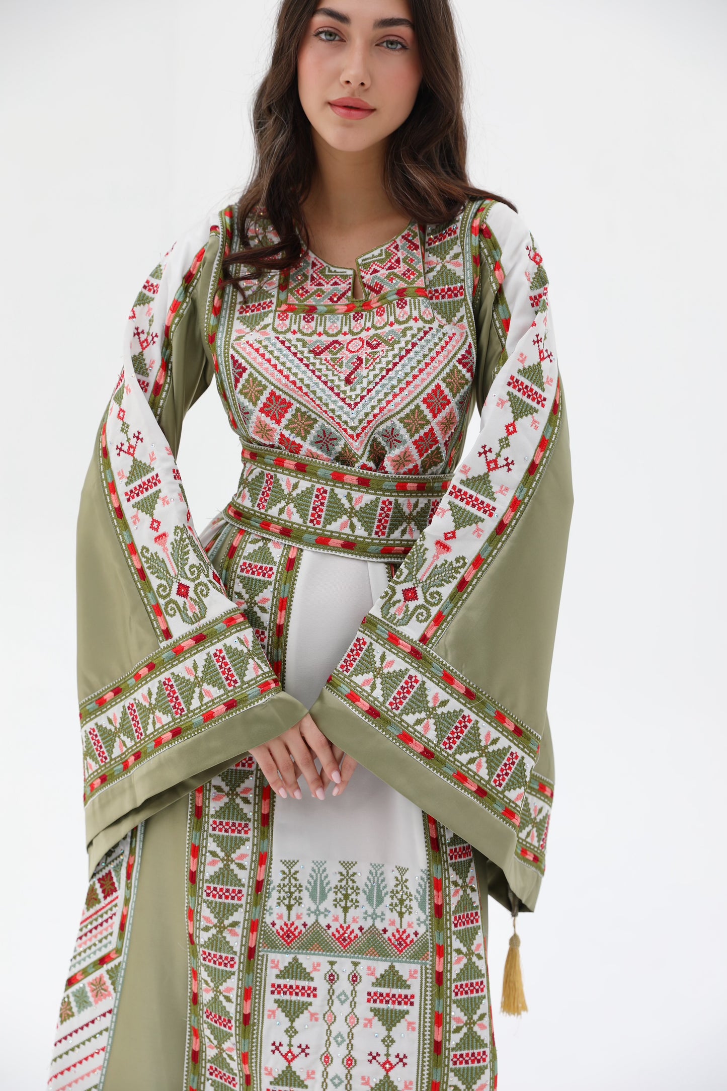 Roaa Long Sleeve Green and Beige Thobe