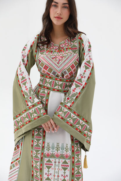 Roaa Long Sleeve Green and Beige Thobe