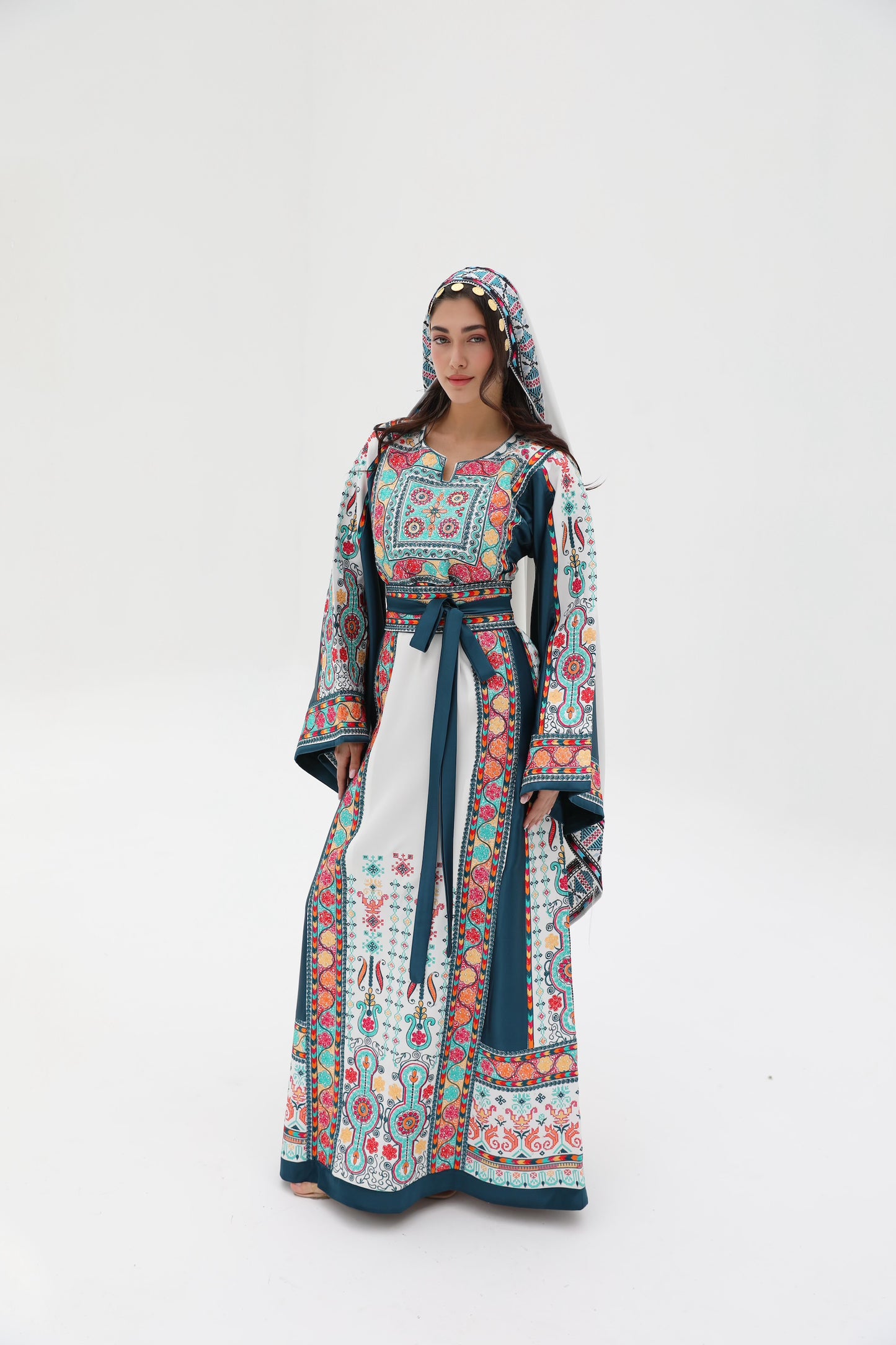 Yasmine Long Sleeve Turquoise and White Thobe