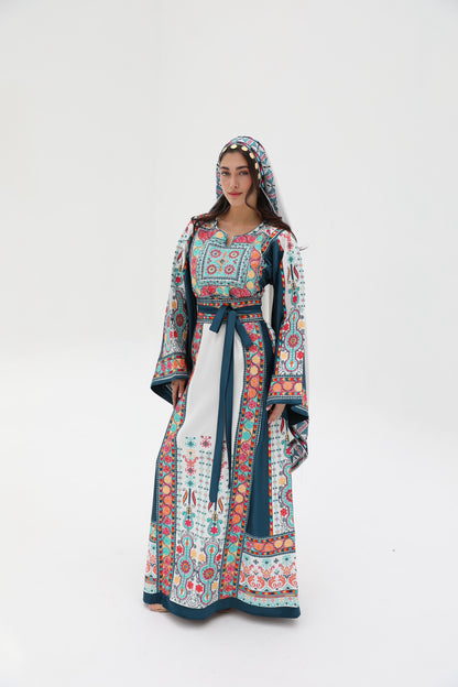 Yasmine Long Sleeve Turquoise and White Thobe