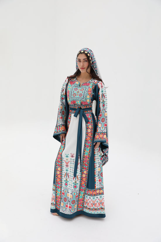 Yasmine Long Sleeve Turquoise and White Thobe