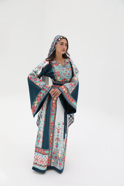 Yasmine Long Sleeve Turquoise and White Thobe