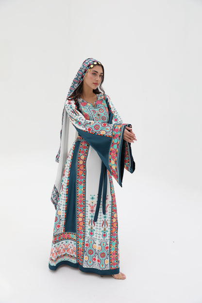 Yasmine Long Sleeve Turquoise and White Thobe