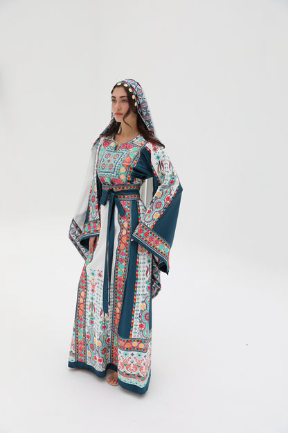 Yasmine Long Sleeve Turquoise and White Thobe