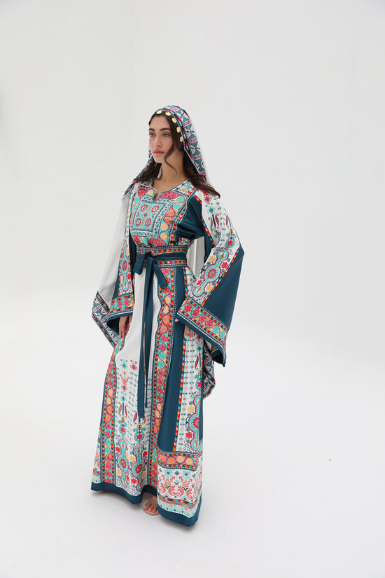 Yasmine Long Sleeve Turquoise and White Thobe