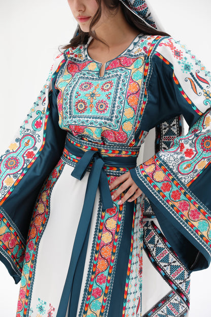 Yasmine Long Sleeve Turquoise and White Thobe