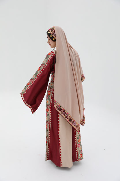 Amal Long Sleeve Burgandi and Beige Thobe