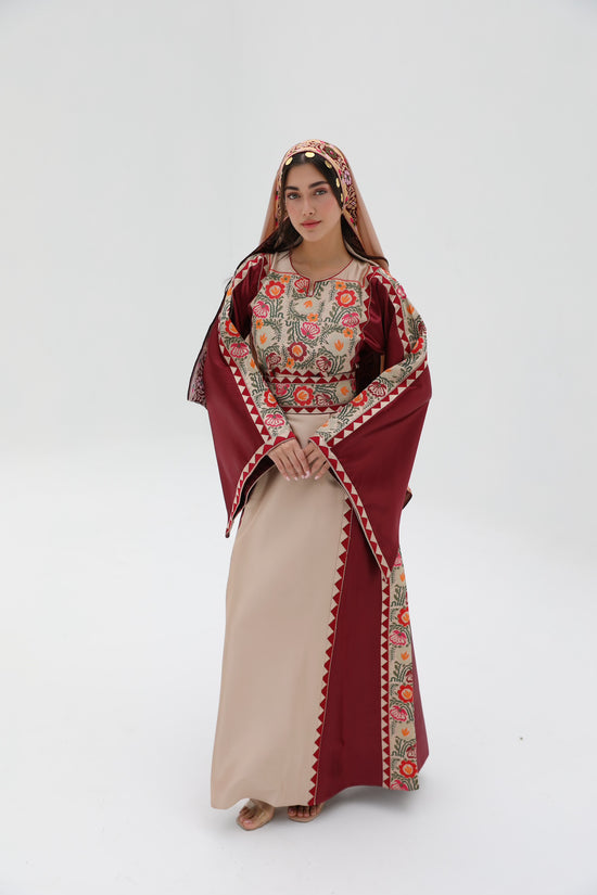 Amal Long Sleeve Burgandi and Beige Thobe