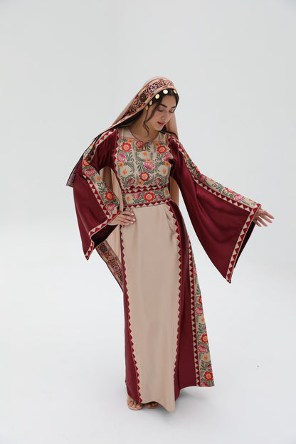 Amal Long Sleeve Burgandi and Beige Thobe