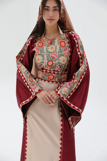 Amal Long Sleeve Burgandi and Beige Thobe
