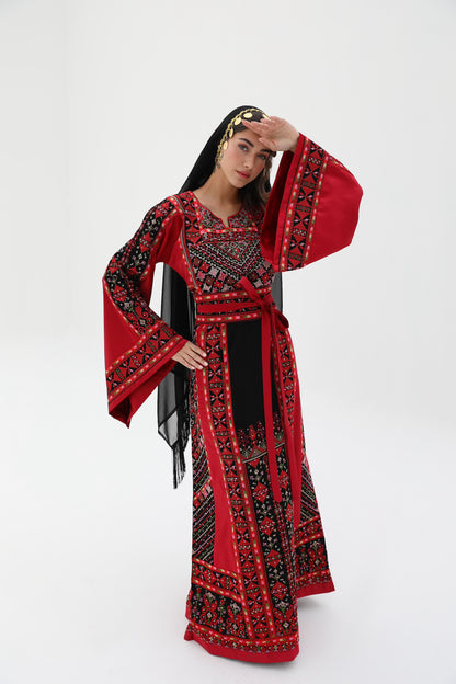 Farha Long Sleeve Red and Black Thobe