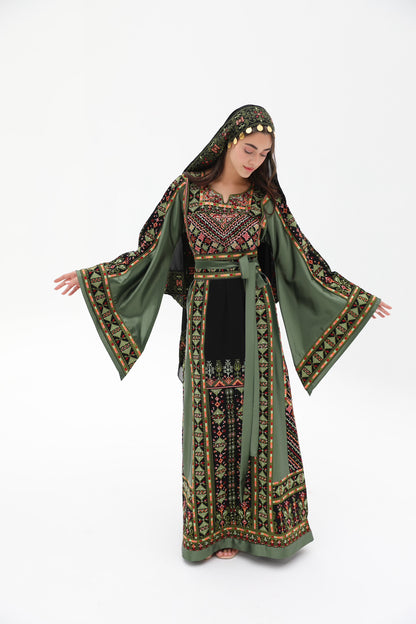 Tiba Long Sleeve Green and Black Thobe