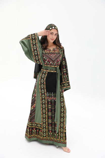 Tiba Long Sleeve Green and Black Thobe