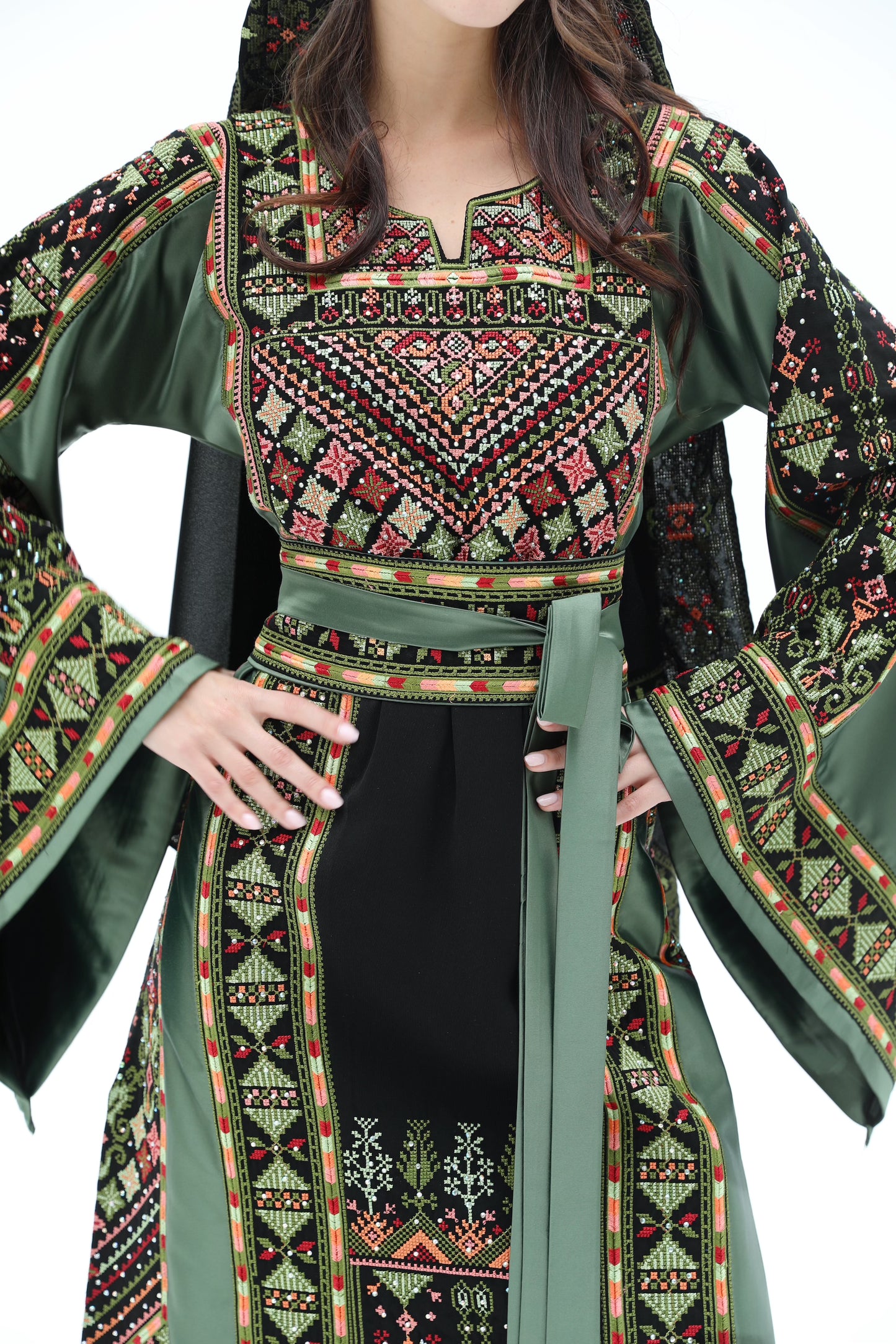 Tiba Long Sleeve Green and Black Thobe