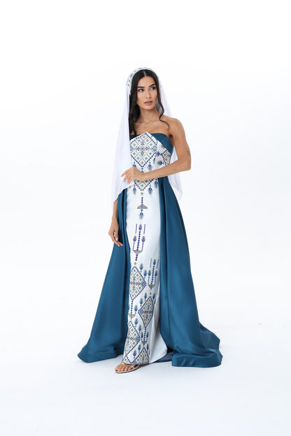 Fayrouz Teal & White Strapless Dress