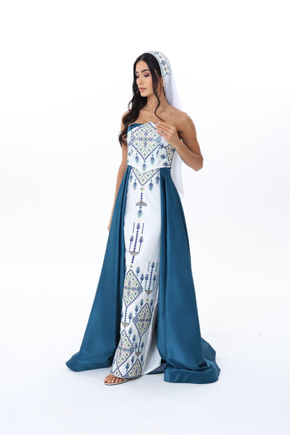 Fayrouz Teal & White Strapless Dress