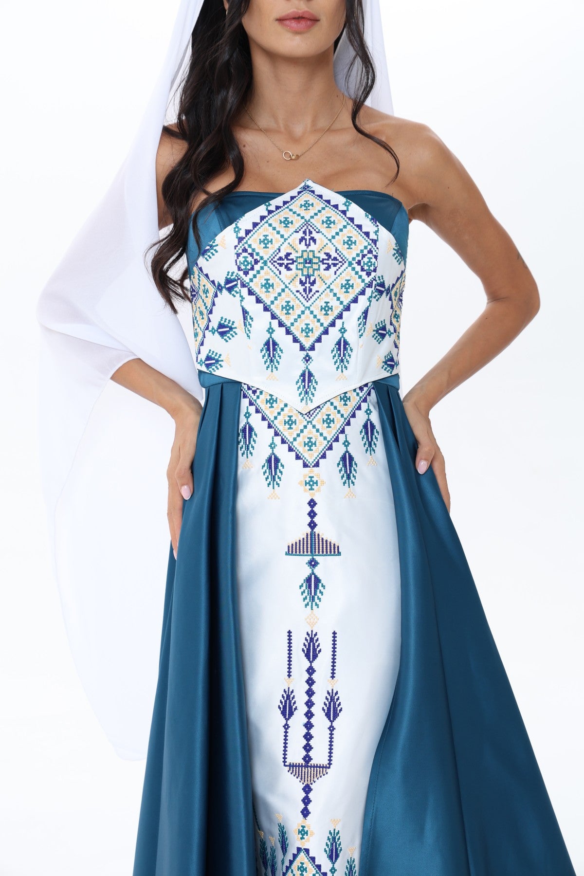 Fayrouz Teal & White Strapless Dress