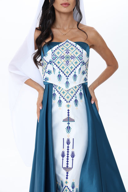 Fayrouz Teal & White Strapless Dress