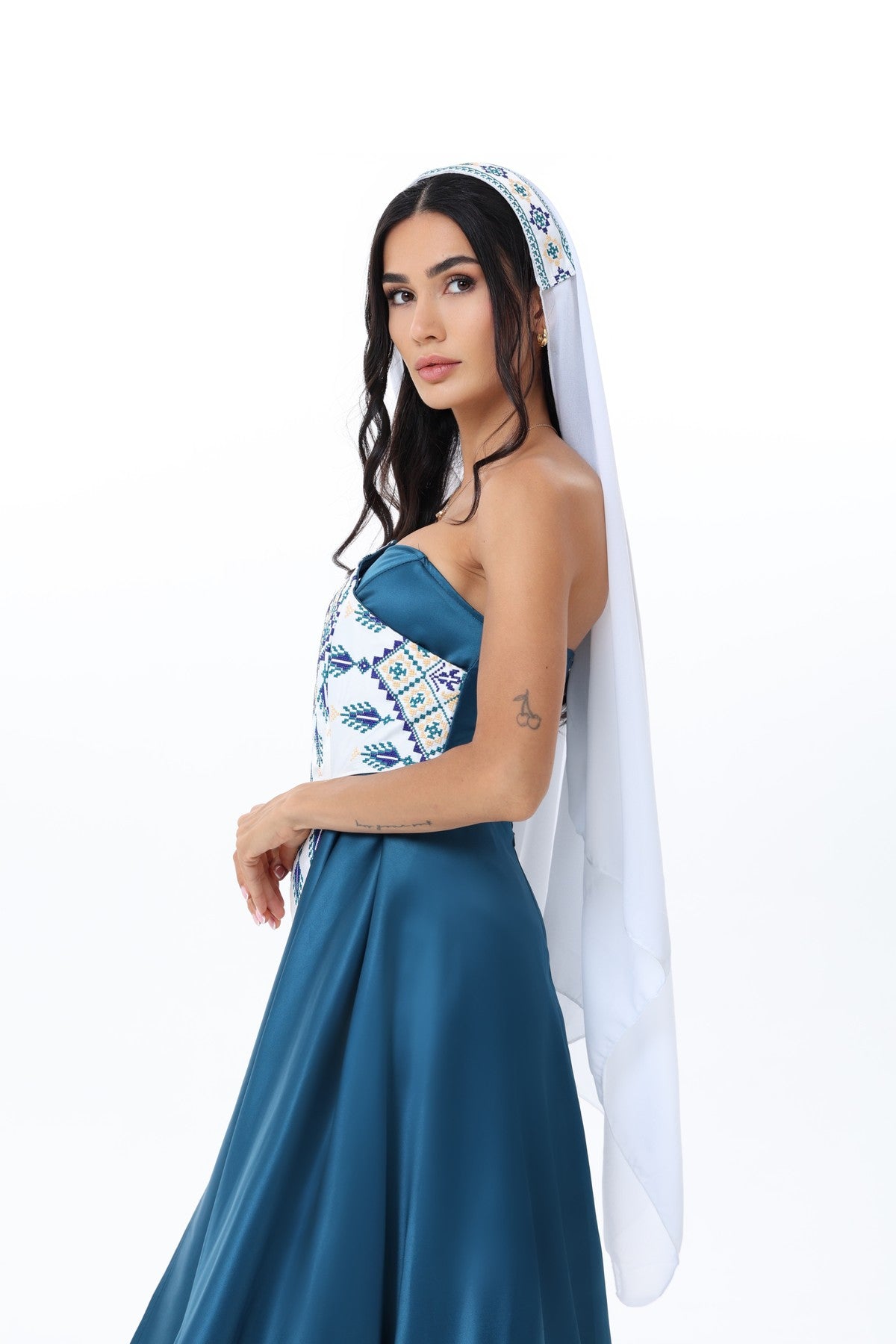 Fayrouz Teal & White Strapless Dress