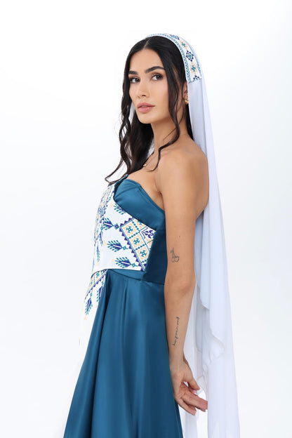 Fayrouz Teal & White Strapless Dress