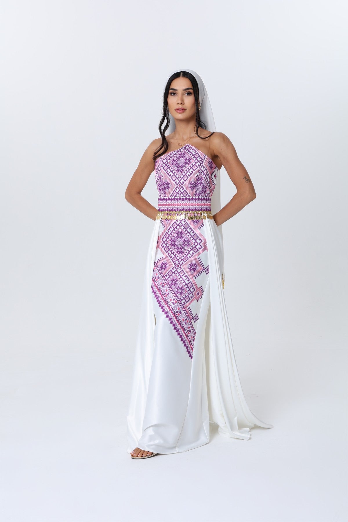 Juman White & Mauve Strapless Dress
