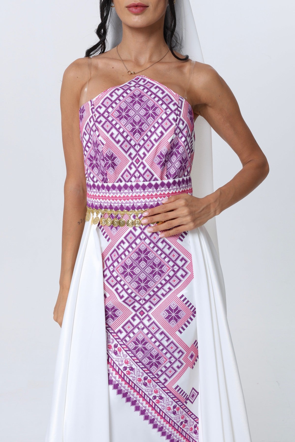 Juman White & Mauve Strapless Dress