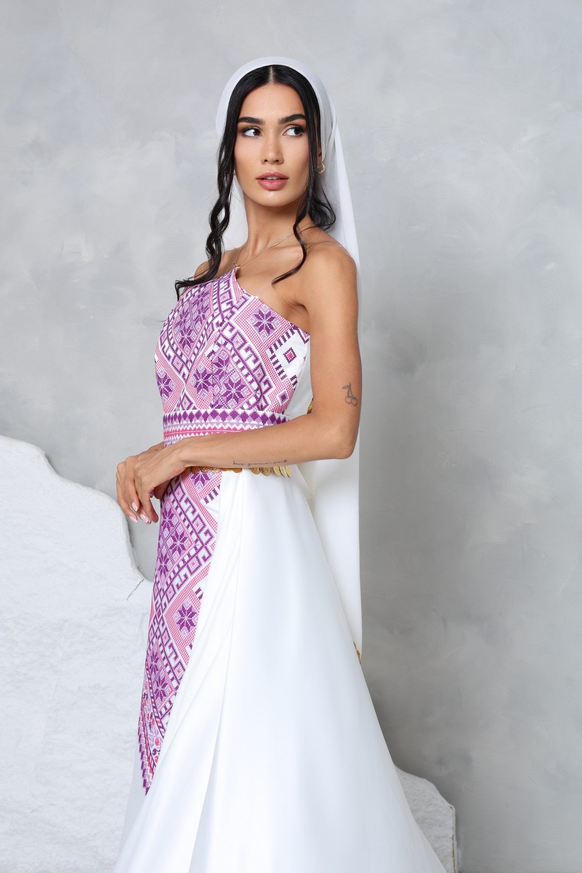 Juman White & Mauve Strapless Dress