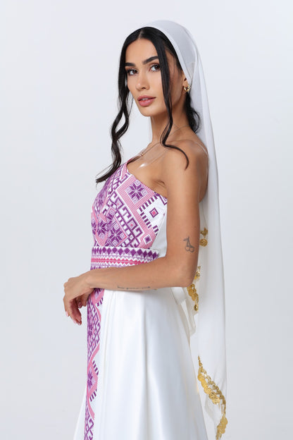 Juman White & Mauve Strapless Dress