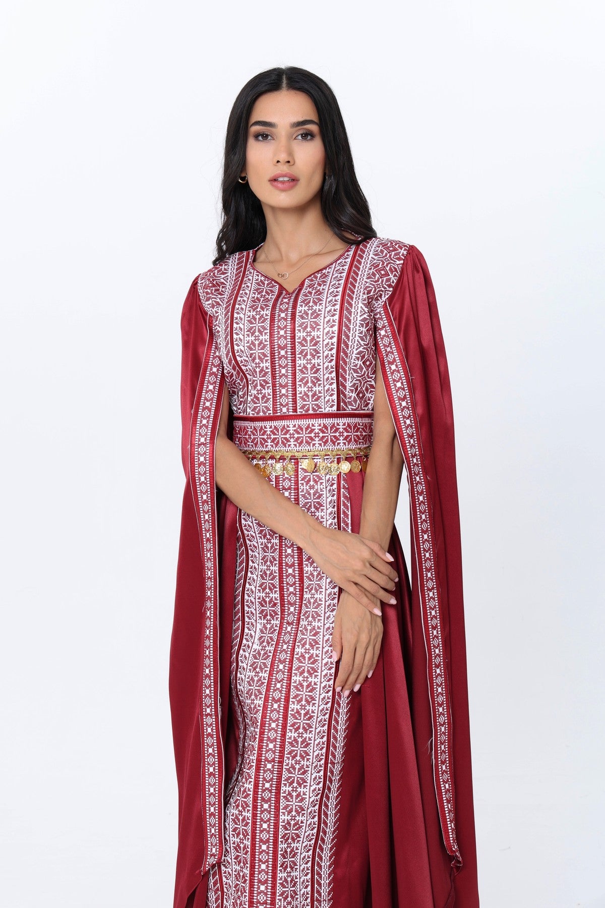 Karmel Burgundy & White Open Sleeve Dress