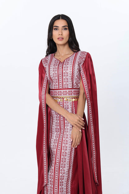 Karmel Burgundy & White Open Sleeve Dress