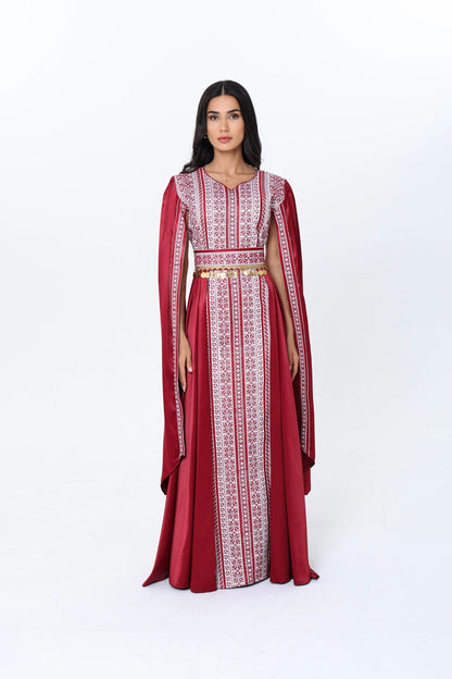 Karmel Burgundy & White Open Sleeve Dress