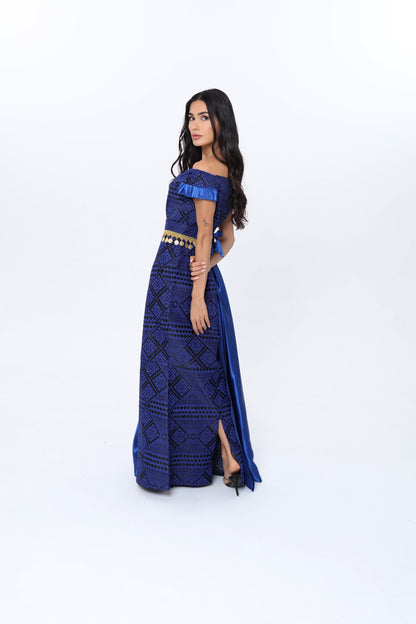 Zain Royal Blue & Black Off Shoulder Dress